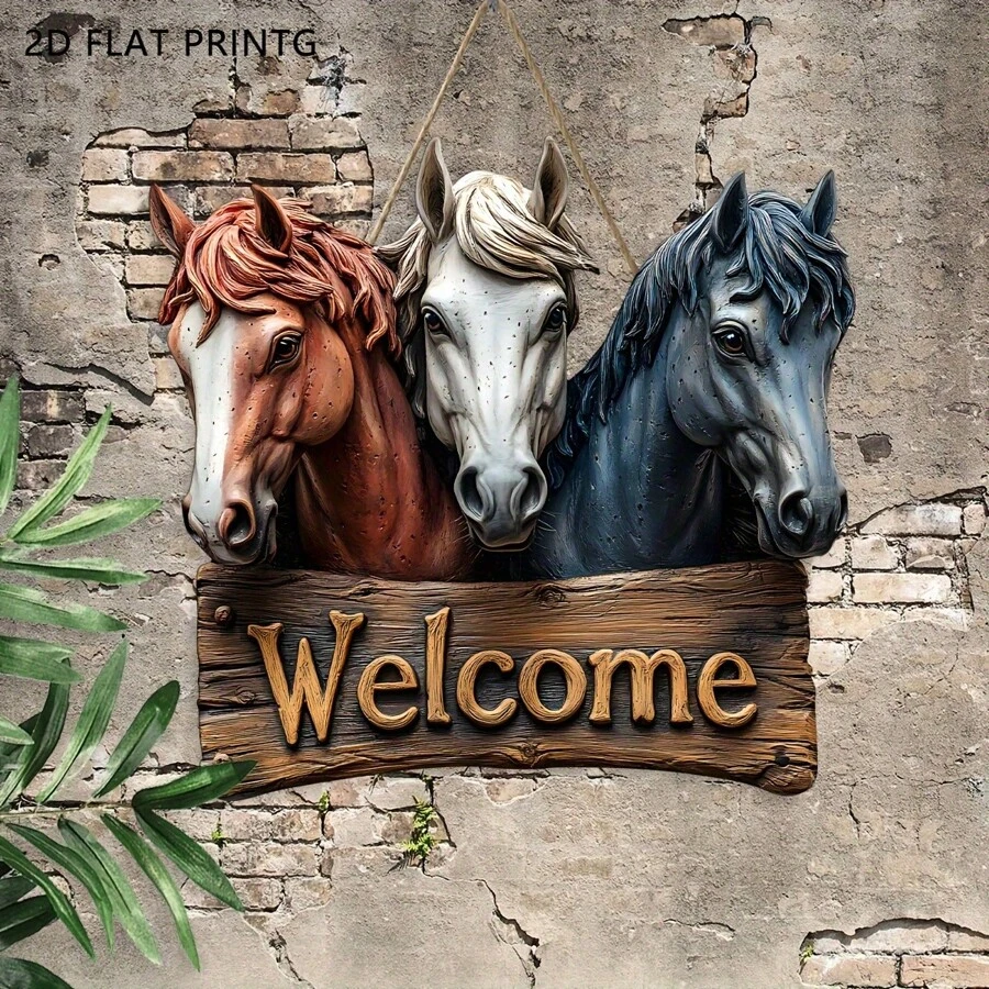 1 pezzo Insegna di benvenuto rustica a cavallo piatta 2D - Arte murale in stile fattoria in legno, decorazione per esterni resistente agli agenti atmosferici con quattro cavalli colorati e foglie verdi, perfetta per portico, giardino, casa - Regalo per gli amanti dei cavalli, decorazione per cavalli, estetica di campagna, materiale durevole, 2D piatto