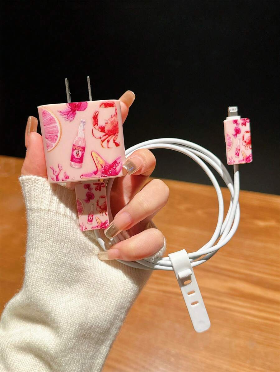 Modische pinke Soda-Flasche & Meeresbewohner-Muster Ladekabel-Schutzcase mit Kabelaufroller, TPU Datenkabel-Schutz kompatibel mit iPhone 16/15, 14 Pro Max, 13, 12, 11 Ladezubehör, Handyzubehör