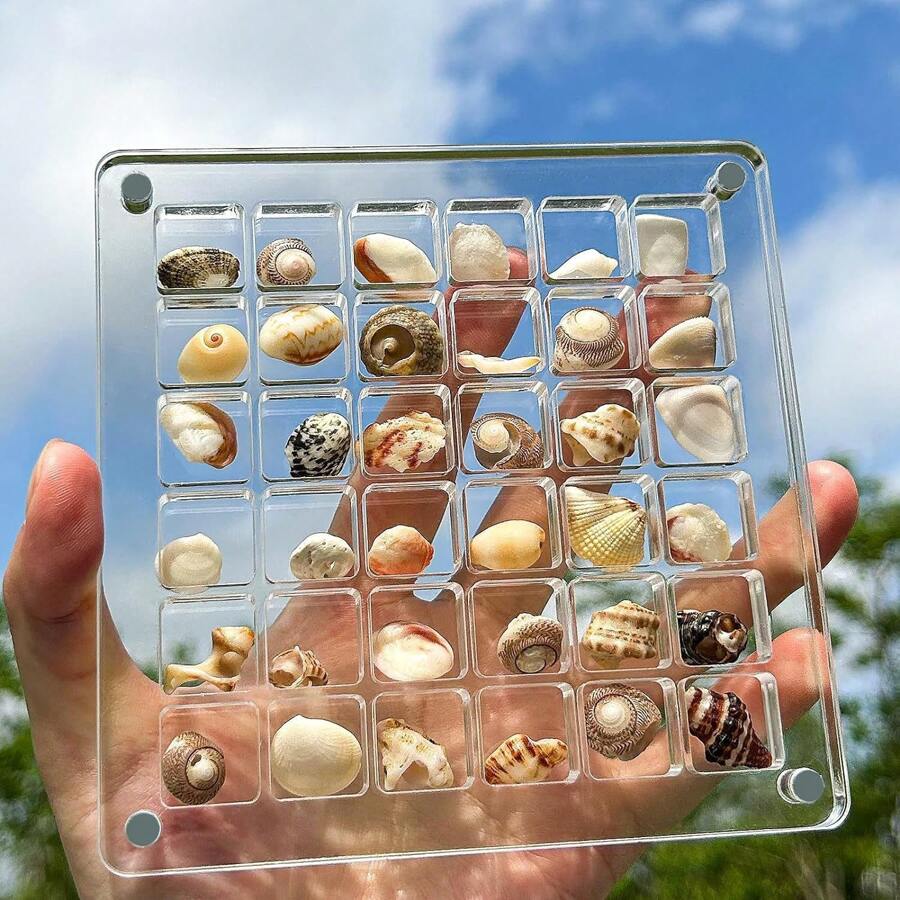1 PIEZA Caja de almacenamiento con 36 compartimentos de acrílico transparente cuadrada estilo playa para exhibir especímenes de micropierdras, caja de almacenamiento de escritorio para joyas artesanales, caja de decoración, caja de almacenamiento DIY, regalo de vacaciones