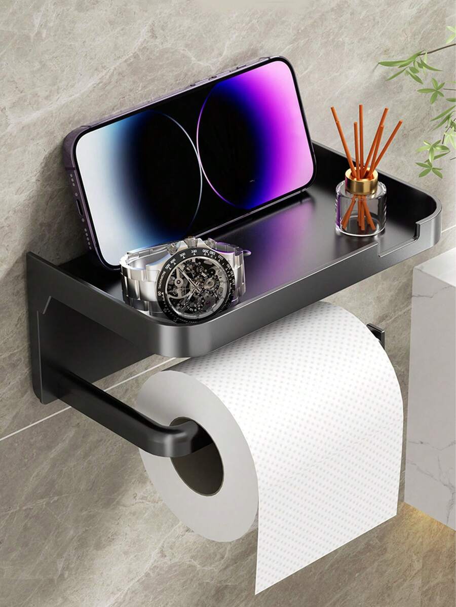 1pc Wall-Mounted Toilet Paper Holder With Storage Shelf - Black, Self-Adhesive, No-Drill Design For Bathroom, Kitchen, Or Hotel - Ideal For Holding Toilet Paper, Phone, And Accessories, Accessory Holder Modern Wall Shelf Durable Plastic, Toilet Paper Holder Back To School