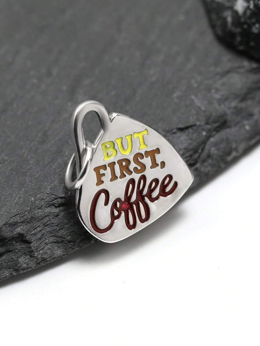 1 pièce Charme en argent sterling 925 simple et unique "mais d'abord le café", émail, pendentif DIY. Cadeau de bijoux délicat pour femmes ou hommes