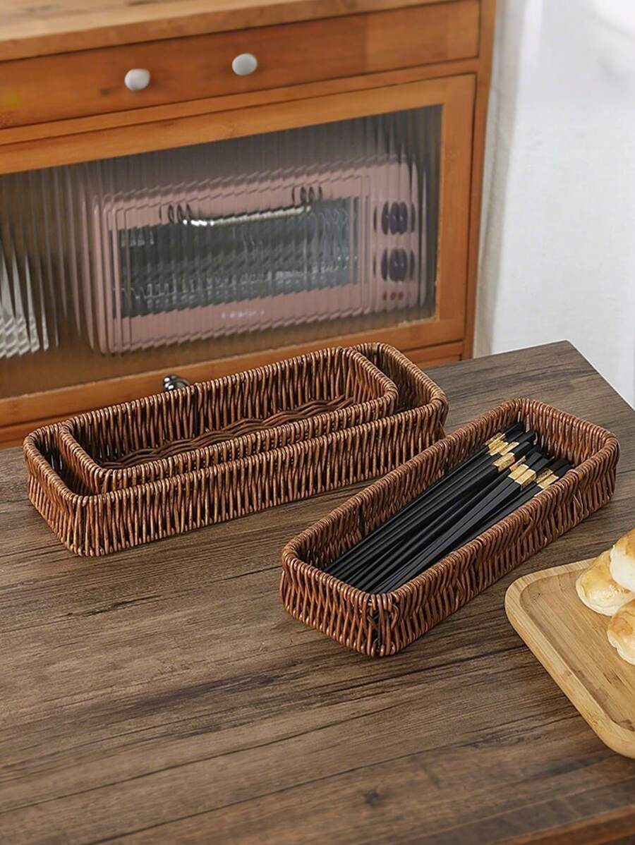 1pc Imitation Rattan Storage Basket, 3 Sizes Creative Portable Household Spoon Fork Knife Storage Container Suitable For Knives, Forks, Spoons, Tableware, Makeup Tools, Office Stationery, Tool Desktop Storage, Tableware Drainage Storage Box, Household Tableware Storage Box, Kitchen Accessories.