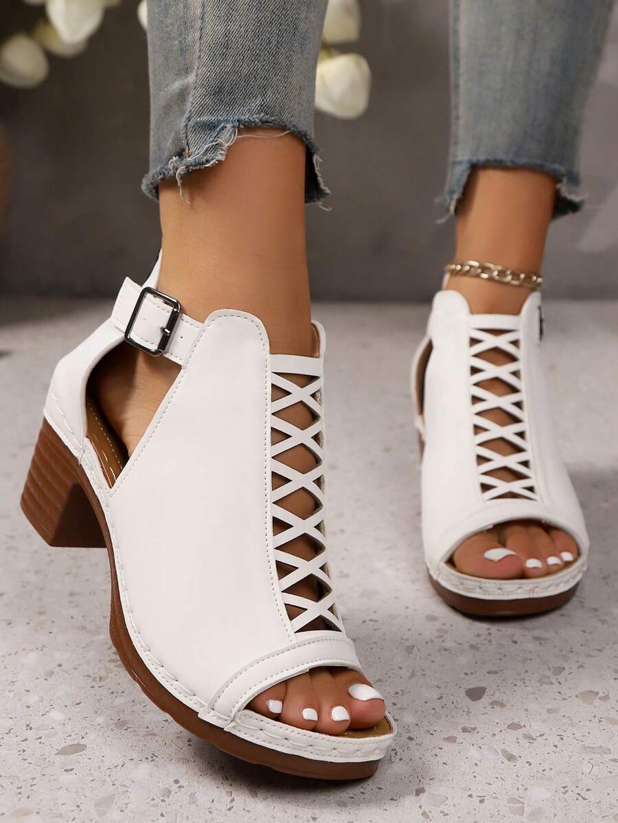 1 Paar bequeme, elegante Damen Sandaletten mit Reißverschluss, Rücken im neuen römischen Stil, Boho-Schnalle, Hochabsatz, für Partys, Festivals, ganzjährig