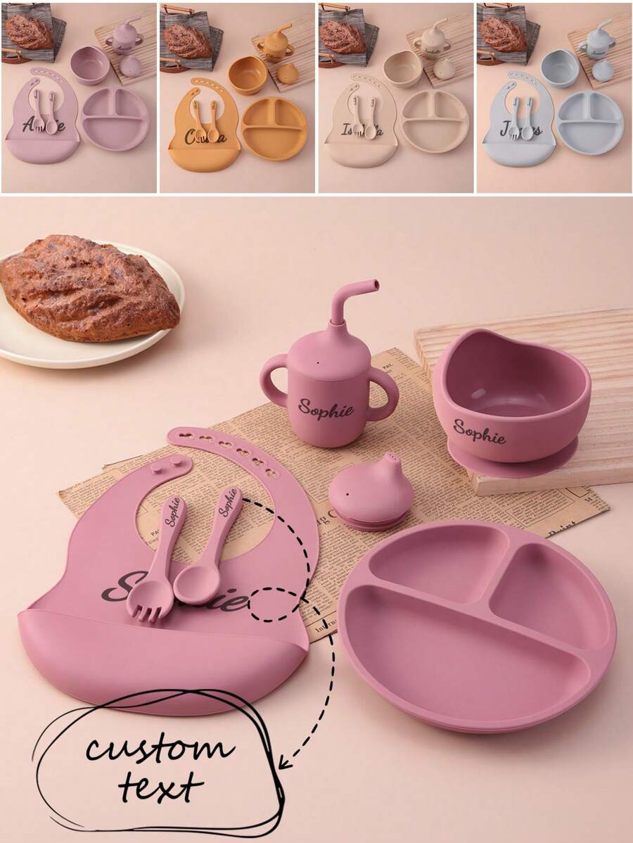 Conjunto de vajilla personalizada para bebé de 6 piezas en silicona, incluye baberos impermeables, plato portátil, cubiertos blandos, bol con ventosa, taza con tapa a prueba de fugas. Multiusos, ornamental, con letras, elegante, moderno, colorido, kawaii, adorable, lindo, casual, personalizado, único, personalizado, niño, niña