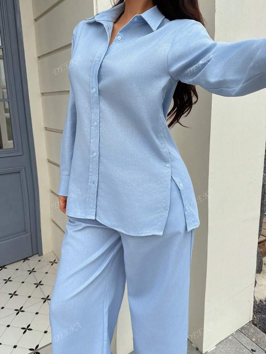 Ensemble 2 pièces pour femme de style arabe, composé d'un cardigan casual à col polo polyvalent en couleur unie élégante, en tissu doux, avec un Top ample et de pantalons larges à plis détendus. Idéal pour la plage, le bureau et la rue.