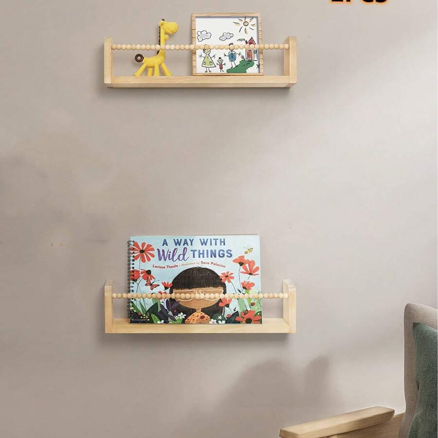 2 Pezzi di scaffali da parete sospesi, scaffali da parete, decorazione per la nursery per bambini, scaffali da parete in legno massiccio per libri, giocattoli e archiviazione di decorazioni