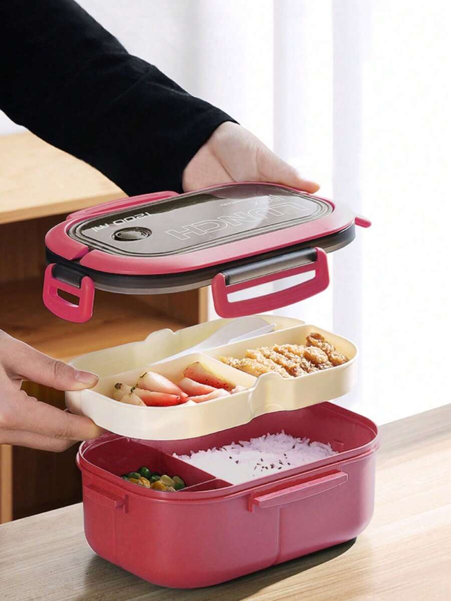 1200ml 2-schichtige tragbare Student Lunchbox mit Gabel Löffel auslaufsicher dickeres PP Kunststoff Lunchbox-Set, kann in der Mikrowelle erhitzt werden, Schulsachen