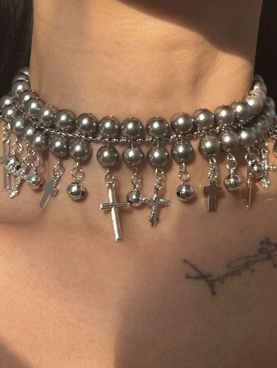 1 pièce Collier vintage élégant en métal multicolore avec croix et perles grises fausses, convient pour les rendez-vous, les fêtes, les dîners et le port quotidien