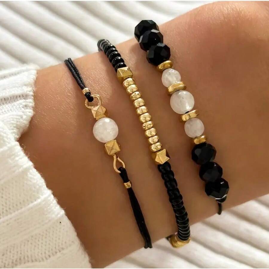 Illusory Conjunto de 3 peças de pulseiras artesanais de cristal preto falso estilo boêmio, pulseiras ajustáveis de contas multicamadas para mulheres, verão
