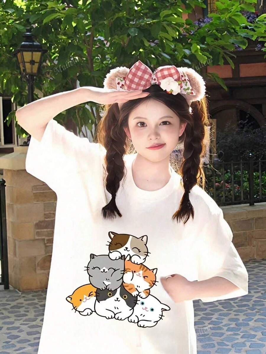 Women Short Sleeve Crew Neck Cat Print Loose Casual T-Shirt Top, White, Summer