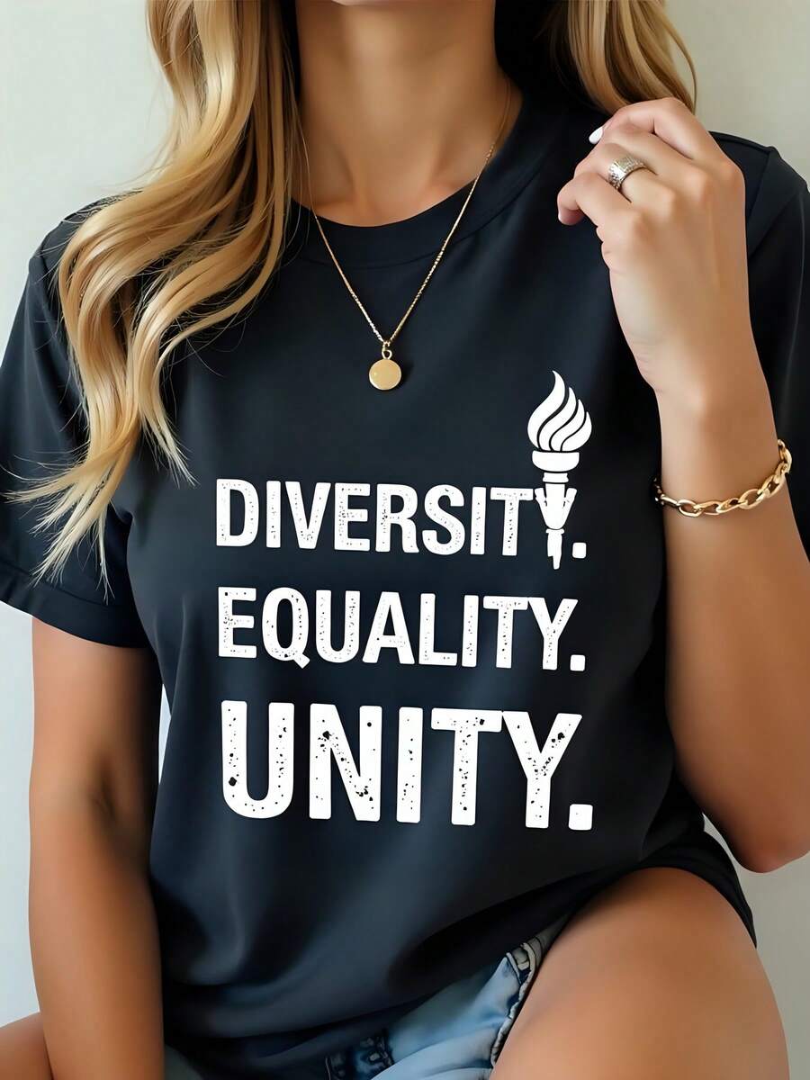 Womens 180g Black Cotton Crew Neck Short Sleeve Graphic T-Shirt Diversity Equality Unity Print Celebrate Diversity Tee Summer Fashion Statement Casual Top Halloween Thanksgiving Plus Size Women
