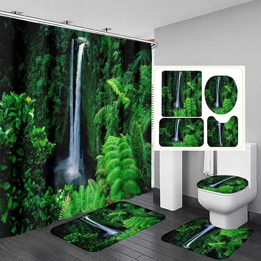 1pc/4pcs Charming Forest Waterfall With Green Leaves & Plant Pattern Bathroom Decorative Waterproof Shower Curtain Set, Includes 12 Hooks, Bathroom Anti-Slip Mat, U-Shaped Floor Mat And Round Toilet Lid Cover, Versatile Bathroom Set Back To School