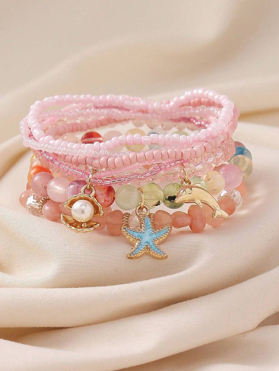 7pcs Boho Ocean Series Handmade Beaded Necklace & Bracelet Set, Includes Shell, Starfish, Dolphin Pendants, Natural Stone, Glass Pearl, Multilayer Elastic Bracelets, Suitable For Women, Gift, Beach Party, Casual Wear
