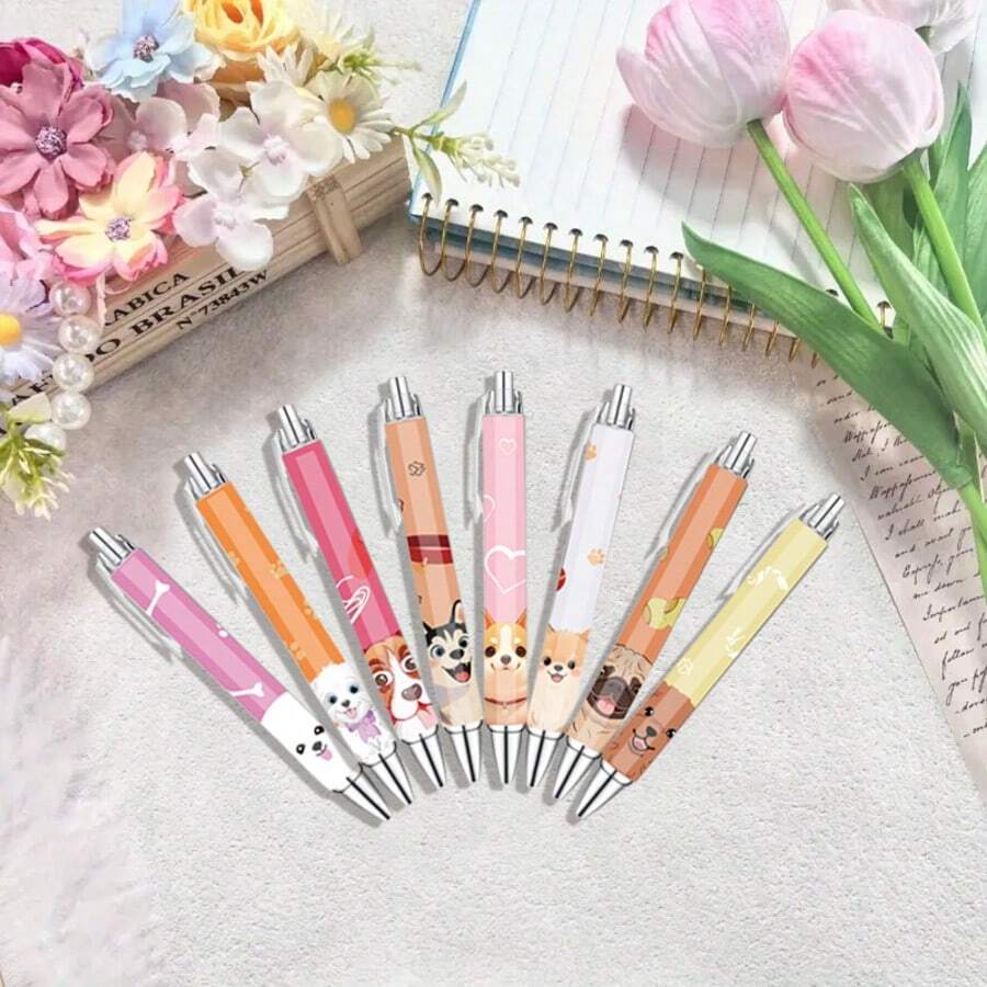 8pcs/Set Dog Shaped Ballpoint Pen Gift Set, Cute Stationery, Suitable For School, Office Desk Decoration, Valentine's Day Gift For Her School Supplies,Back To School