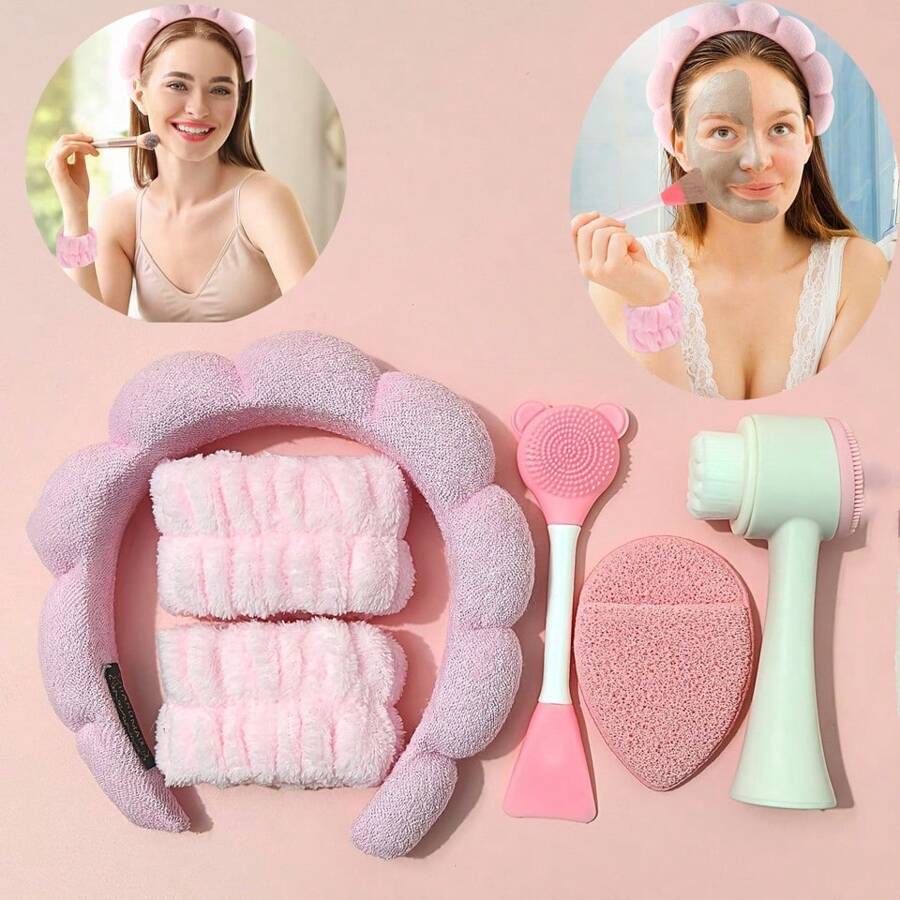 5pcs Headband For Washing Face Wristband Set Sponge Makeup Skincare Headband Terry Cloth Bubble Soft Get Ready Hairband Women Girl Puffy Padded Headwear Non Slip Thick Hair Accessory Back To School