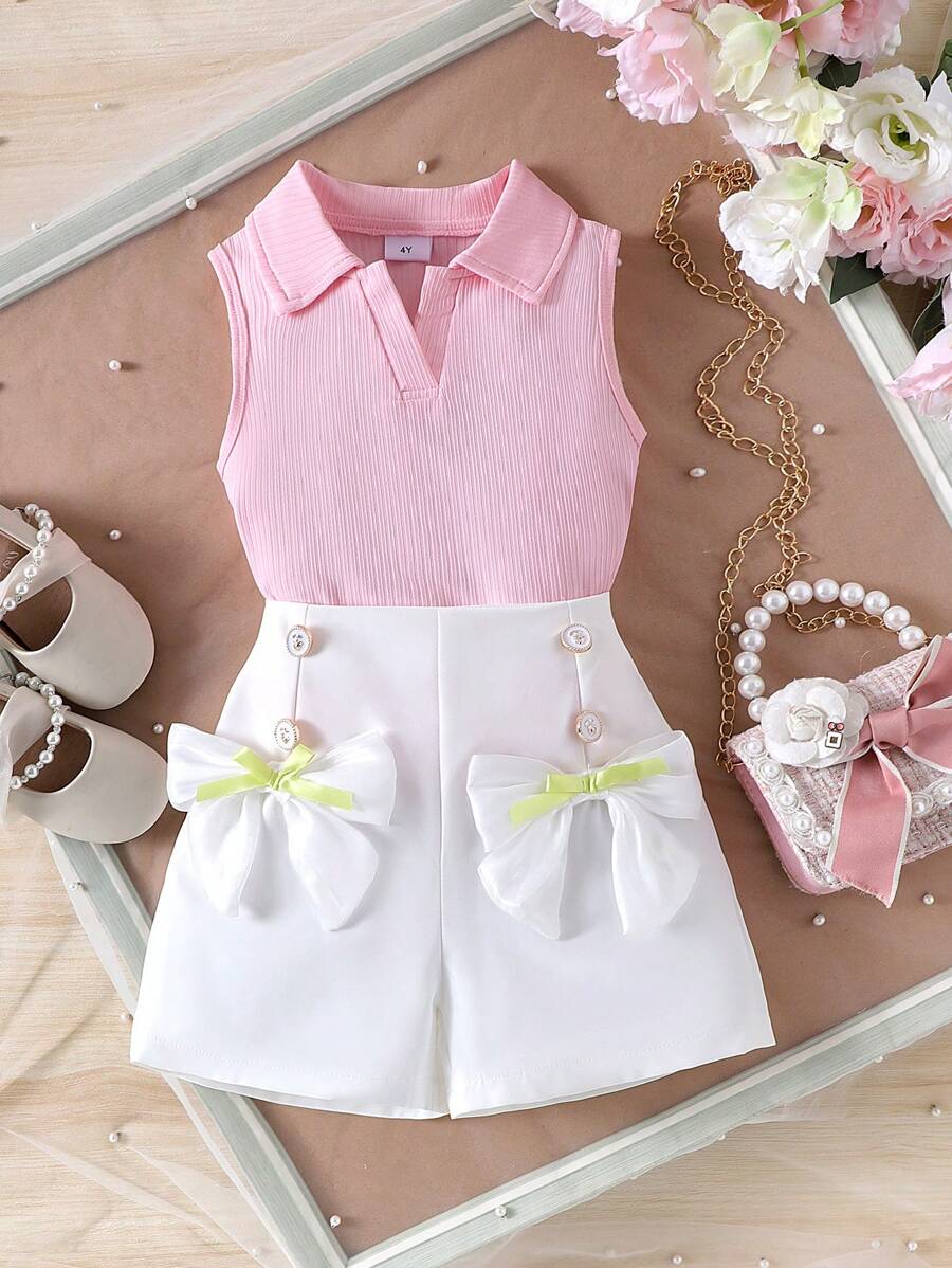 2 peças/Conjunto Top Sem Mangas e Shorts com Estampa Floral Fofa Jovem, Verão