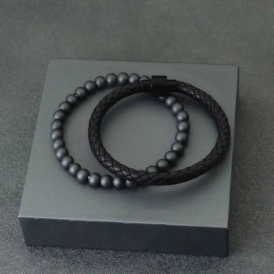 Fashion Men Bracelet Set 2pcs Leather Lucky Black Thread Bracelet Matte Onyx Stone Bracelet Accessories Gifts For Him