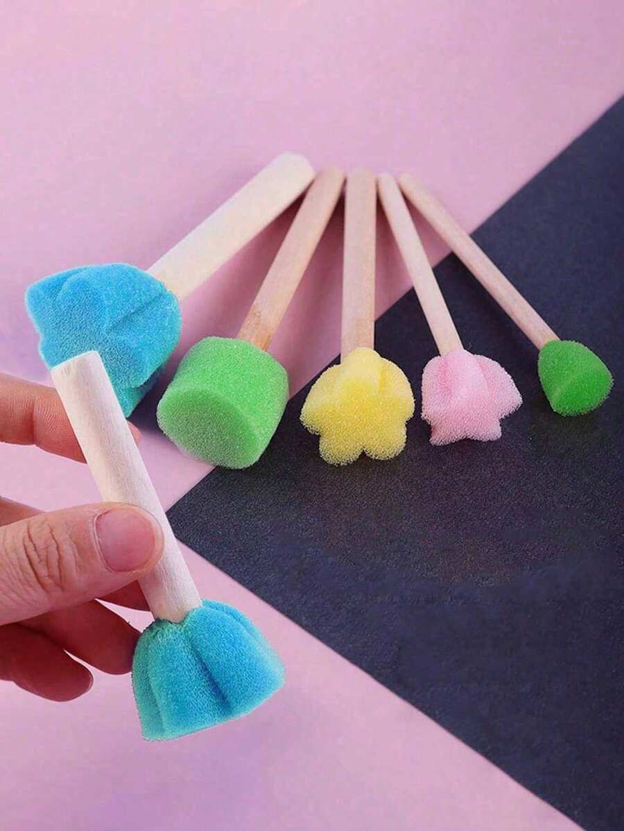 5pcs Colorful Painting Sponges Randomized Color, Wooden Handle Painting Brushes, DIY Art Learning Tool Set,School Supplies,Back To School