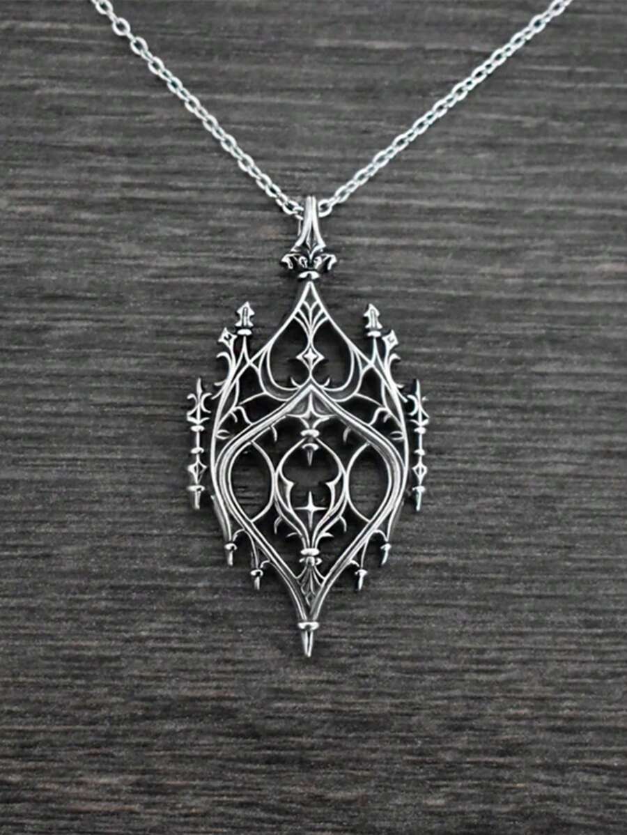 1pc Gothic Hollow Castle Heart Shaped Pendant Necklace, Vintage Style Fashion Necklace For Women, Party Gift