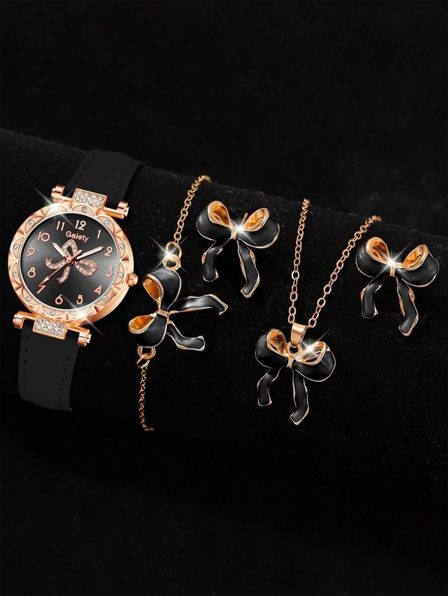 Conjunto de 5 piezas para mujer que incluye reloj de cuarzo con esfera de números arábigos y mariposa, pulsera, collar y aretes, en color negro, un accesorio sencillo y elegante, ideal para uso diario, decoración o regalo de fiesta