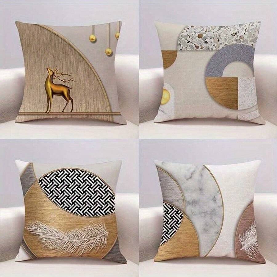 4pcs Modern Minimalist Earth - Toned Throw Pillows, Stain - Resistant, Ideal For Living Room Sofas & Bedroom Decor, 100% Polyester