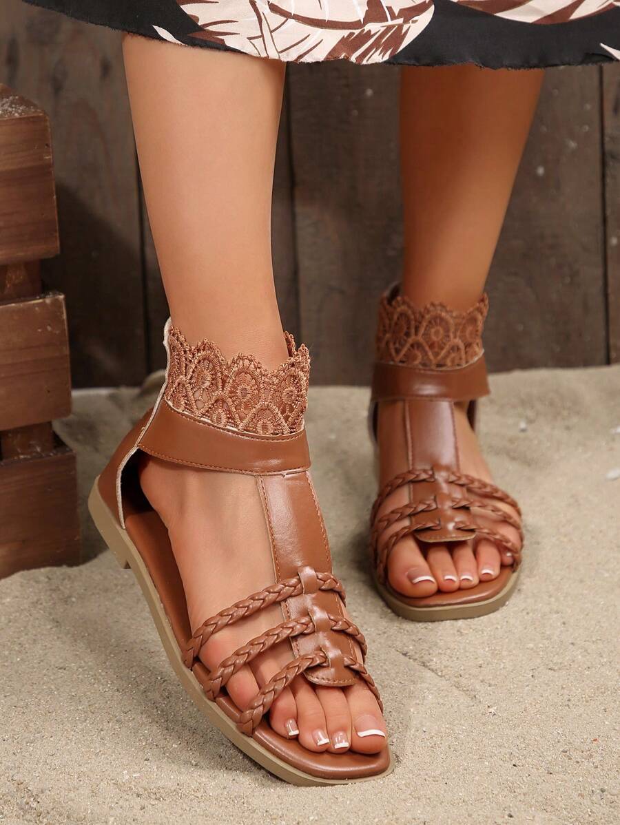 Sweet Flat Open Toe Zipper Back Roman Sandals