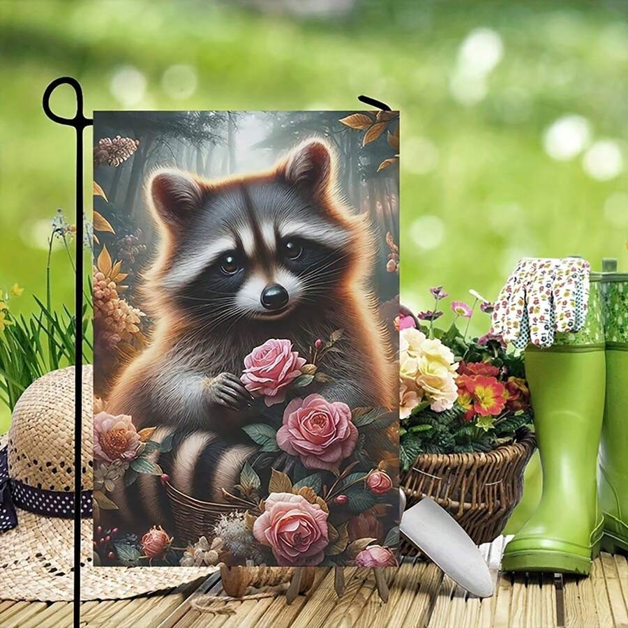 1 Süßer Waschbär 2D Garten City - Beständige Polyesterfaser, mit leuchtend rosa Rosen und sonnigen Waldszenen auf einer Seite Muster, perfekt für Sommerdekoration im Garten, Outdoor-Banner, 30 * 45cm/70 * 100cm, Outdoor-Gartendekoration | Verspieltes Tiermotiv | Strapazierfähiger horizontaler Outdoor-Banner, Waschbär Deko Fotorequisite