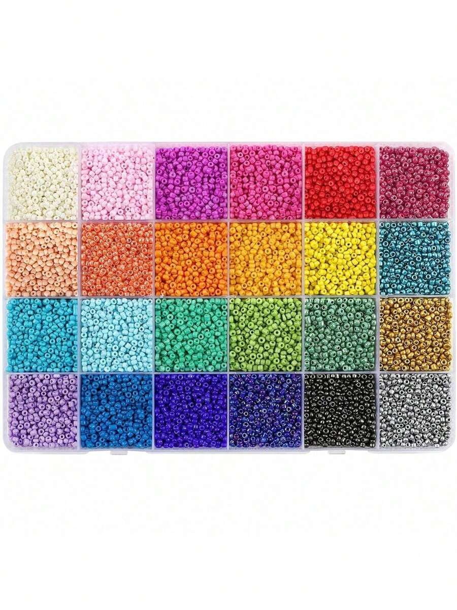 1 boîte de perles de verre de petite taille 2 mm/3 mm/4 mm, 24 couleurs aléatoires. Perles d'artisanat pour bracelets, création de bijoux et artisanat, avec boîte
