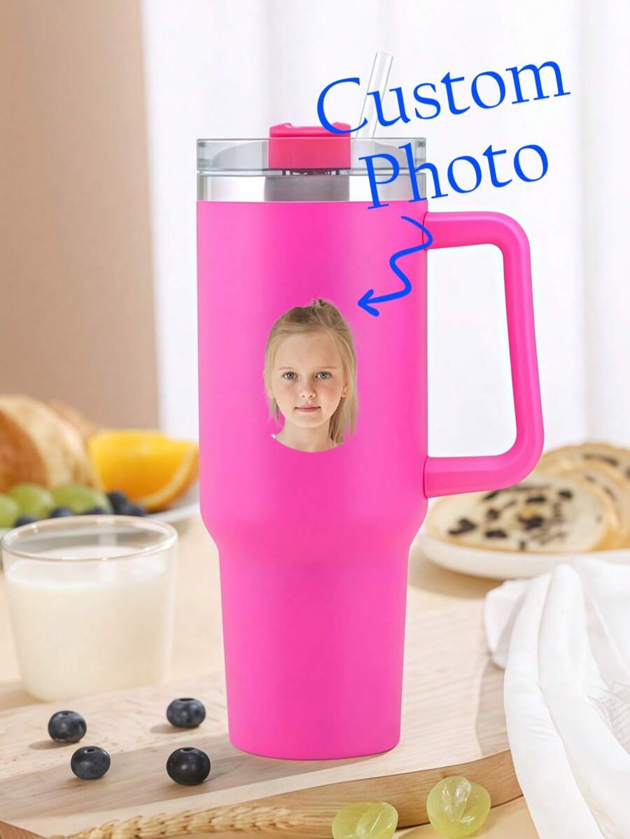 1pc Customized Water Bottle With Personal /Car Image, 40OZ Handle Insulated Tumbler, Stainless Steel Large Capacity Cooling Straw Vacuum Cup For Juice, Coffee, Multipurpose Use, Women, Graduation Gift, Birthday, Festival Personalized Gift