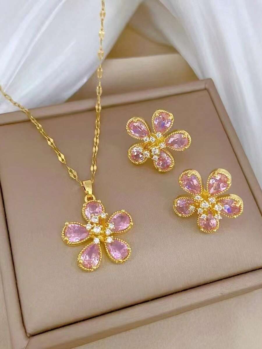 1 Set Rhinestone Flower Necklace & Earrings Set, Lightweight Luxury Style, Elegant Personalized Party Jewelry