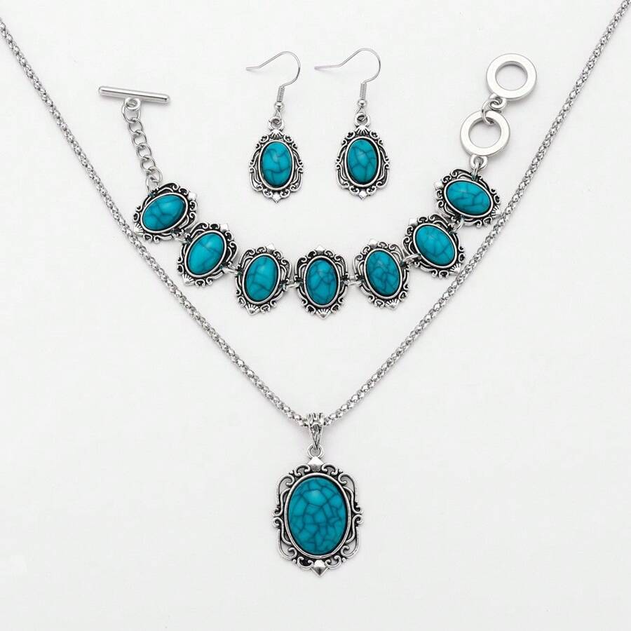 Un conjunto de cuatro piezas de pendientes ovalados grandes de aleación con estilo bohemio, un collar y una pulsera. Juego de cuatro pendientes con estilo occidental para mujer, adecuado para reuniones diarias