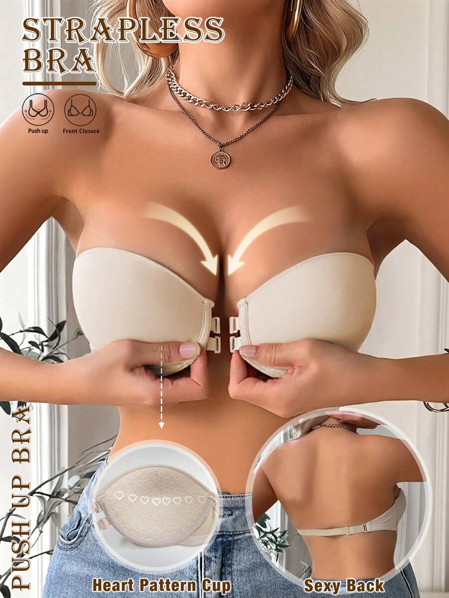 Push Up Bras For Women Front Closure Strapless Underwire Bra Heart Pattern Cup Backless Underwear Non-Slip Tube Top Bralette With Adjustable Straps Summer Lingerie Set Suitable For Dresses