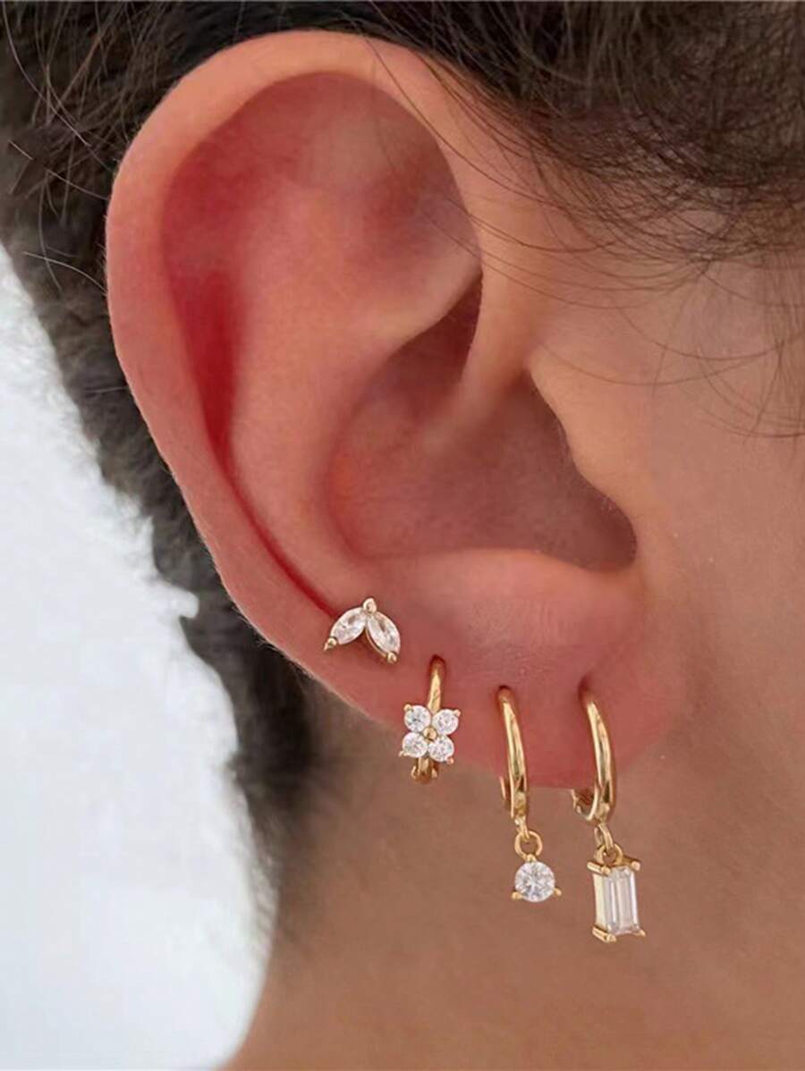 Set de 4 piezas de pendientes para mujer, de estilo sencillo y por capas, con flor de circonita cúbica de cobre y pendientes de aro rectangulares redondeados, accesorio de uso diario para regalo