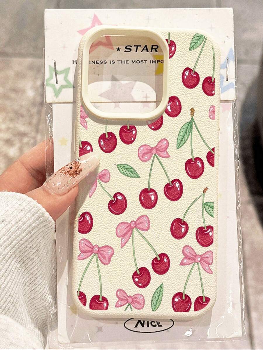 1 pieza Funda protectora suave antideslizante y resistente al agua con ilustración de lazo de cereza compatible con teléfonos Apple