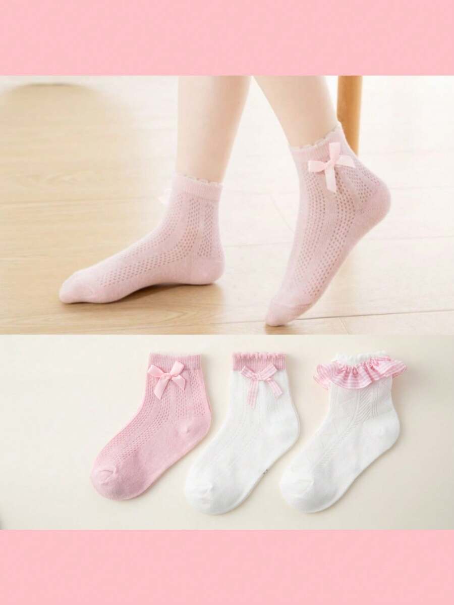 3 pares de calcetines hasta la pantorrilla con volantes de encaje y lazo para niños, calcetines escolares transpirables y absorbentes de humedad, para primavera/otoño