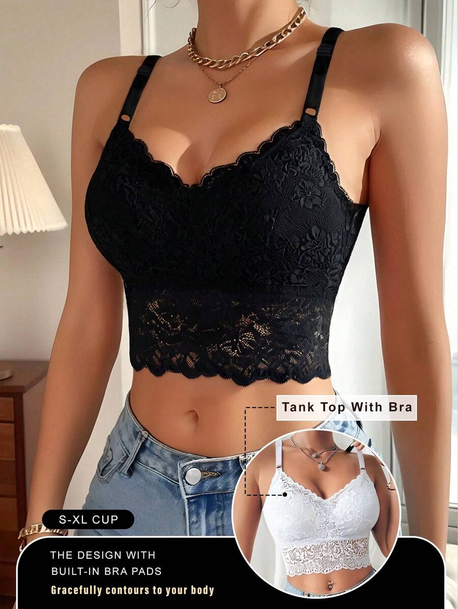 2 piezas Bralette de encaje de unicolor, Sujetador deportivo informal tipo top corto para mujeres, Camiseta de tirantes finos, Apta para todas las estaciones