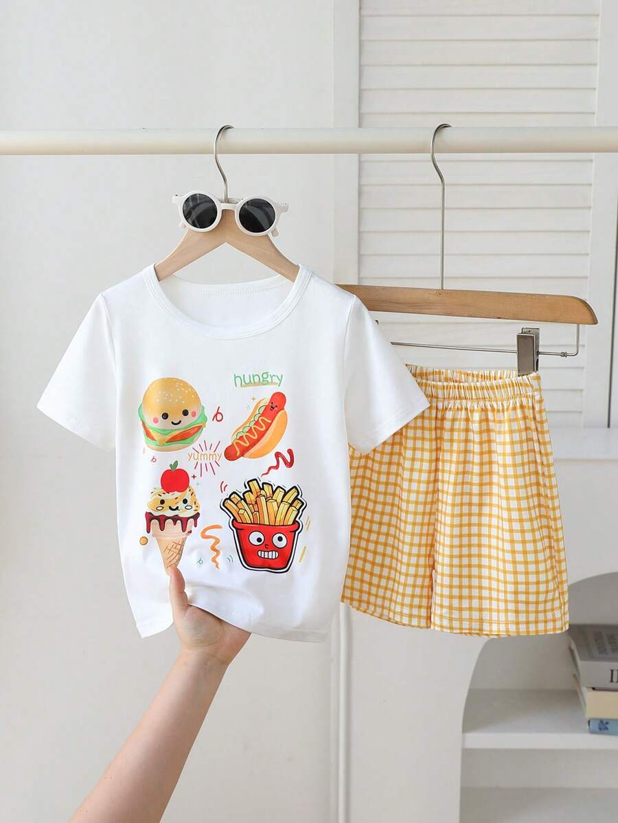 Conjunto de camiseta de manga corta con cuello redondo y estampado de hamburguesa lindo, y pantalones cortos con estampado de cuadros para niñas
