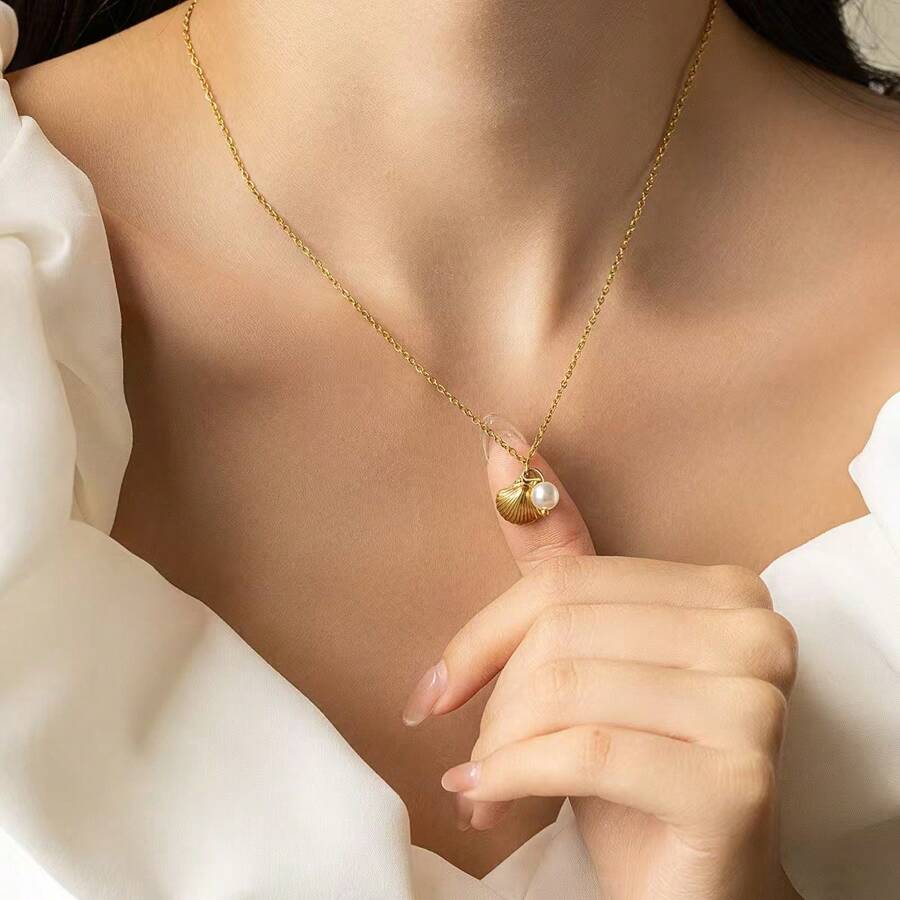 1 pieza Collar con concha de playa y perla enchapado en oro/plata de 14k, elegante y sencillo, adecuado para mujeres/niñas, un gran regalo para usar a diario