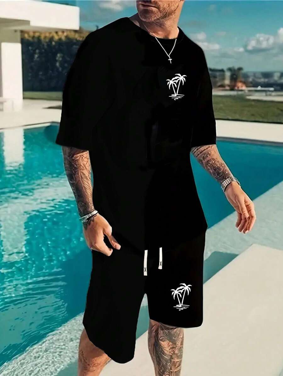 Conjunto de camiseta de manga corta y pantalones cortos para hombres, diseño de patrones impresos con personalidad, ropa casual de verano, pantalones cortos con bolsillos y cintura con cordón, adecuado para commuting, uso casual, regalo ideal para esposo/novio