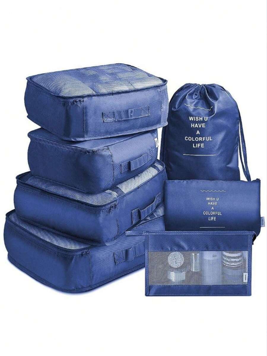7 Stücke/Set tragbare Reise-Organizer Taschen - einfach zum Organisieren von Kleidung, Schuhen und Unterwäsche - ideal zum Packen von Koffern. Modische Reise-Beutel mit Slogan-Grafiken, geeignet für Schuhe, Toilettenartikel und Wäschebeutel, Schulmaterial, Deko für Studentenzimmer, Schlafzimmer-Aufbewahrung, Must-Haves für Studenten und Lehrer, Kleidungsorganizer, Reiseaccessoires, im Boho-Stil