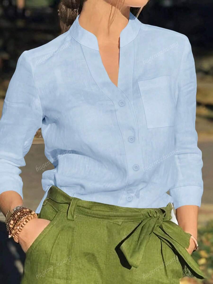 Women's Solid Color V-Neck Button-Up Blouse - Long Sleeve Casual Elegant Top With Decorative Pocket Detail For Festival Travel & Everyday, Spring Summer Fall Winter All-Season Essentials
