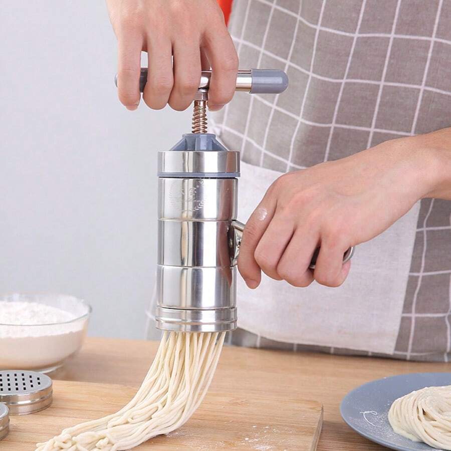 1pc Stainless Steel Manual Pasta Maker With 5 Interchangeable Molds - Vintage Handheld Italian Noodle Press, Suitable For Home Kitchen, Household Multi-Functional Pasta Making Tool