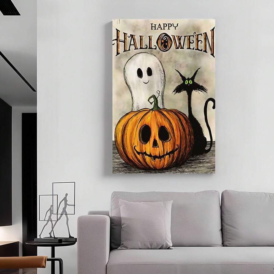 1 Piece,Halloween Pumpkin Ghost Design, Modern Frameless Art Decoration Painting, Printed Posters Mural, Waterproof Canvas,Suitable For Home, Office, Bedroom, Living Room, Study, Bathroom, Bar, Wall Arts And Home Decoration, Is An Ideal Holiday Gift Halloween Decor Fall Decor Room Decor