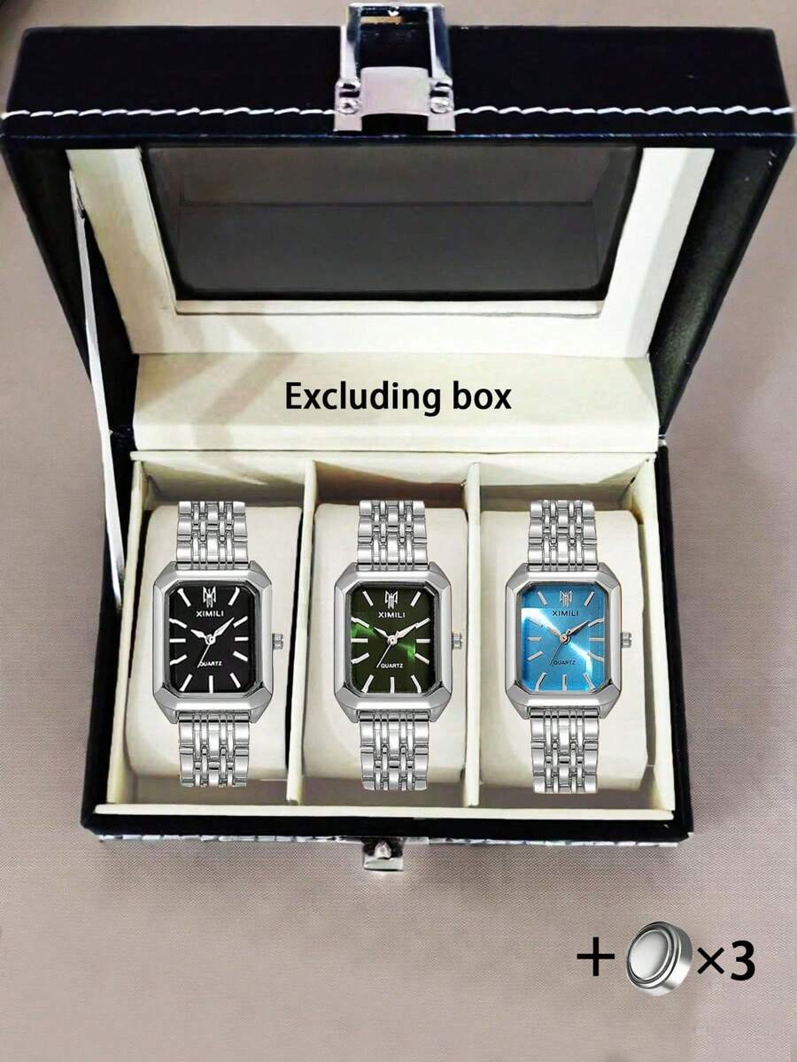 Set de 3 relojes de mujer de lujo con correa de aleación, reloj de pulsera cuadrado de cuarzo de moda para estudiantes femeninas