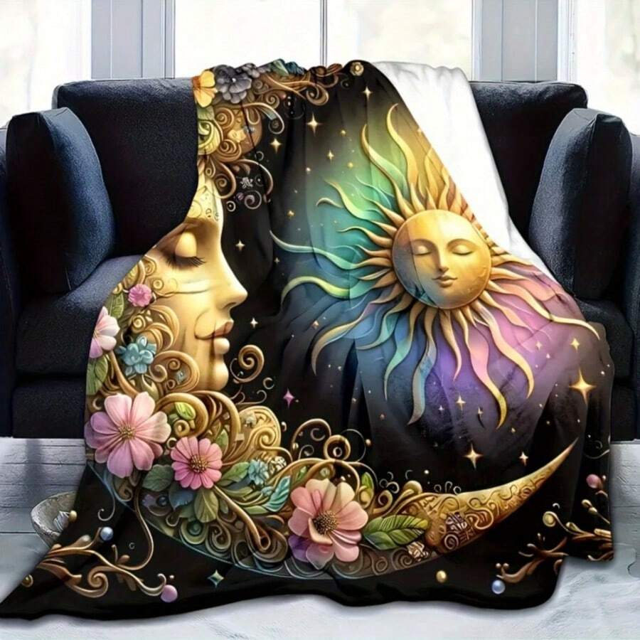 1 Stück Boho-Stil Galaxy Flanell Decke - traumhafter Sonne und Mond Muster, leicht für alle Jahreszeiten, vielseitig einsetzbar für Sofa, Bett, Reisen, Büro