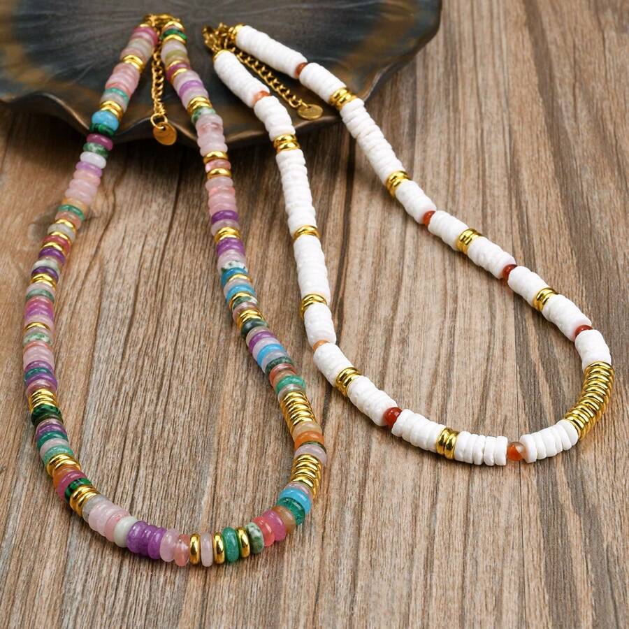 Colar de concha natural simples estilo boho com contas de ágata vermelha + colar de contas de pedra natural de alta qualidade com dopamina multicolorida, colar feminino de estilo doce e moderno, gargantilha que não desbota