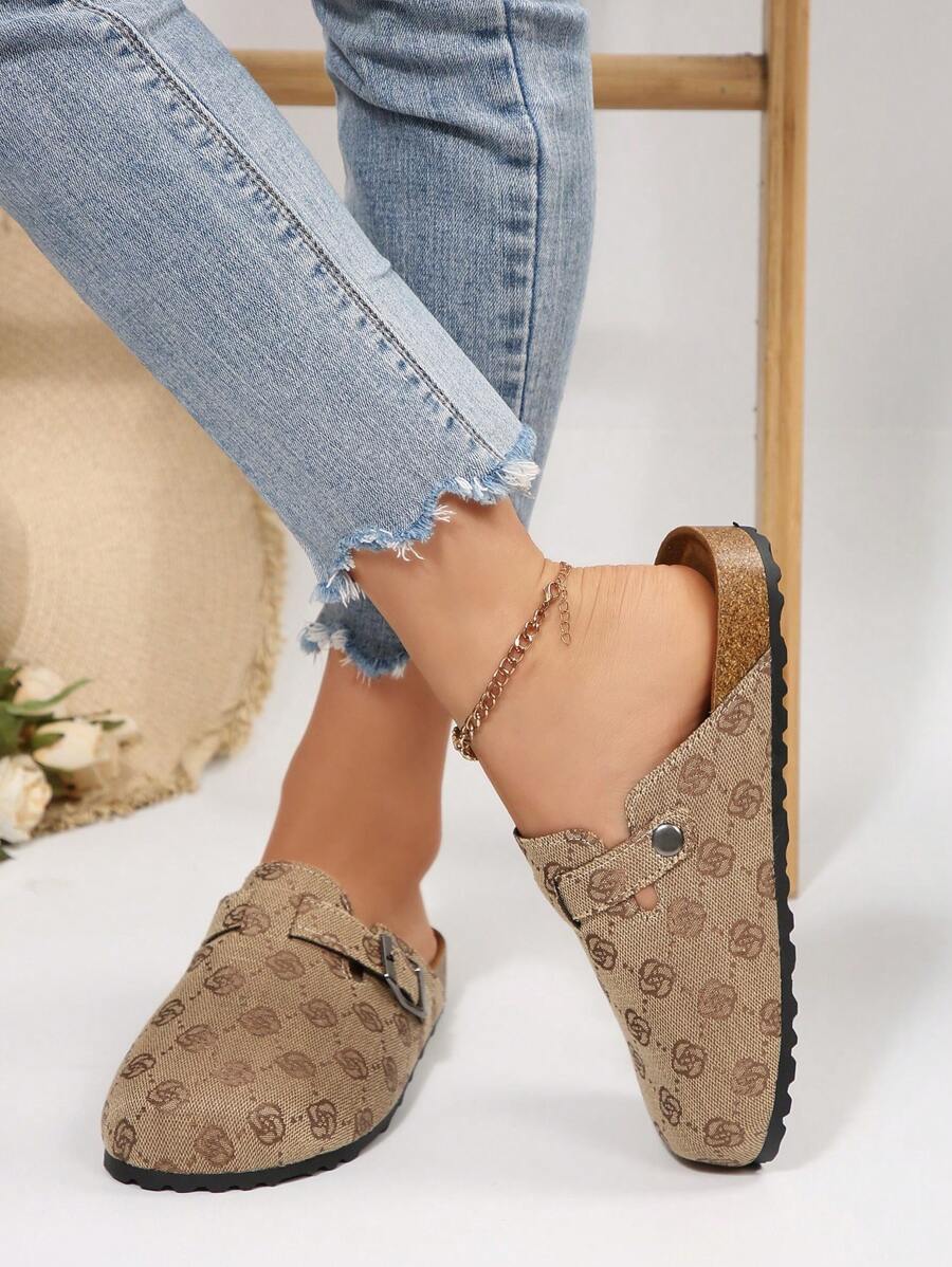 New Thick Sole Round Toe Printed Fabric Mule Shoes For Women, Outdoor Khaki Slip-On Sandals, All Season