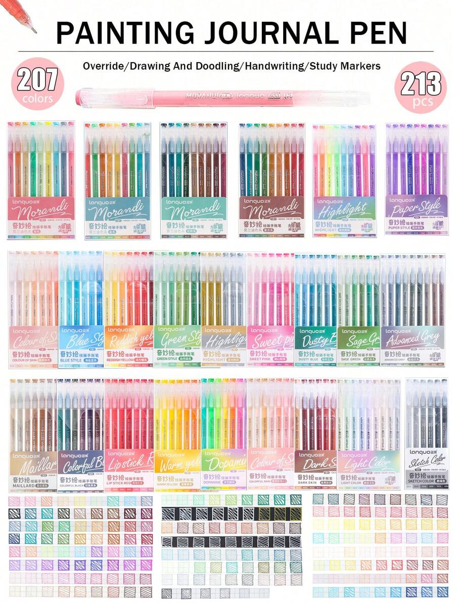 Languo 207 Colors /180 Colors/156 Colors / 117 Colors Set Of Handbook Neutral Pen Gel Pen, High Value Ins Style High Capacity Morandi / Mori / Warm / Skin Color Flesh Tone / Fluorescent Handbook Pen, Students Highlighting Markers, Art Painting Anime Comics Special Color Markers Neutral Pens Can Be Stacked Color Girl Heart Drawing Water Pen