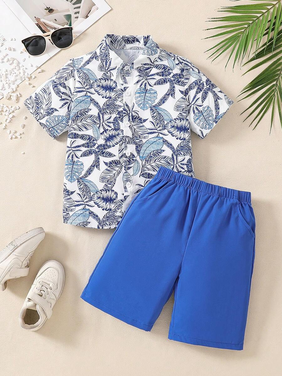 2pcs/Set Tween Boys' Hawaiian Vacation Tropical Leaves Print Short Sleeve Shirt And Shorts Set, Perfect For Summer Casual & Outdoor Wear