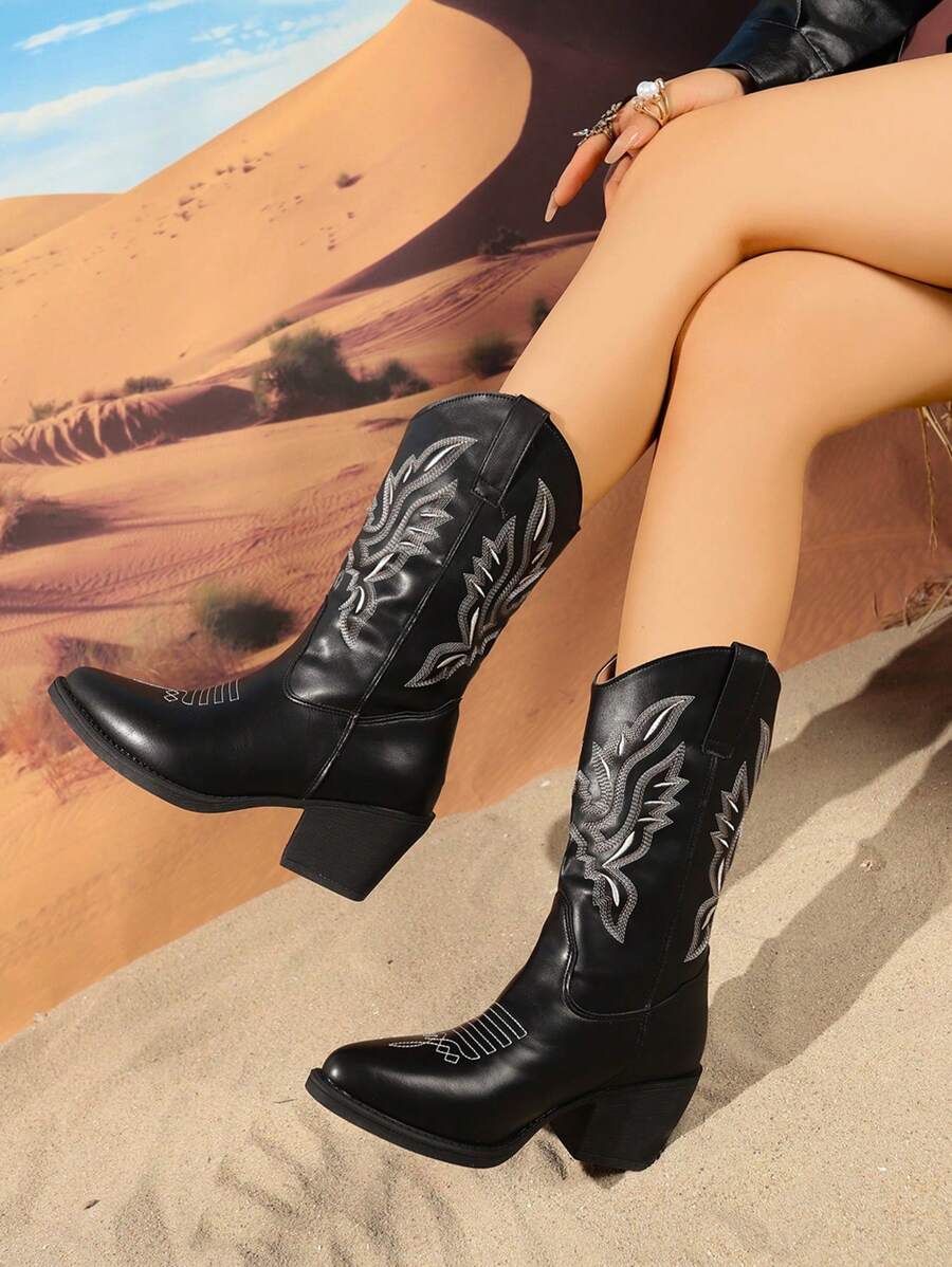 Women's Black Mid-Calf Boots, New Autumn/Winter Embroidered Western Cowgirl Boots, Knight Boots, Vintage Thick High Heel V-Cut Boots